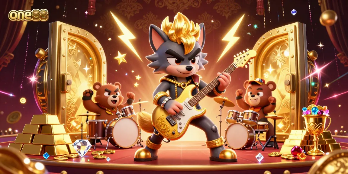 Experience gaming excitement with one88 in a dynamic casino scene featuring a rock star wolf and treasures.