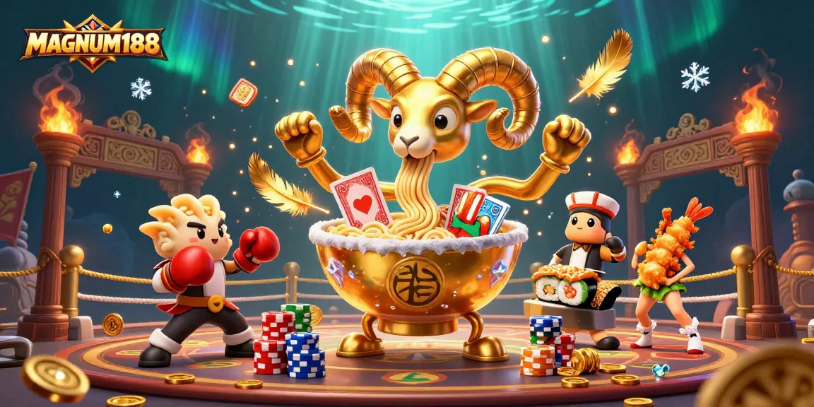 Experience MAGNUM188 with a vibrant scene of animated casino characters and dynamic gaming elements.