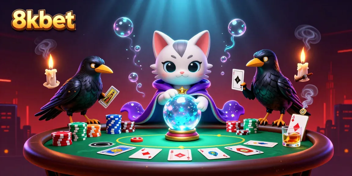 Engage with 8xbet's immersive casino experience featuring mystical characters and vibrant poker elements.