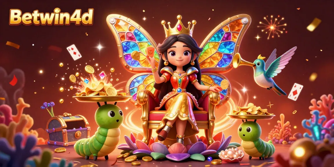 Betwin4d reveals a vibrant scene of casino delight with 3D butterfly characters celebrating big wins.