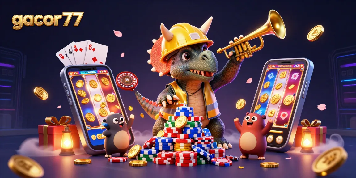 Gacor77 mendorong semangat permainan dengan triceratops membangun tumpukan chip poker di lanskap ceria.