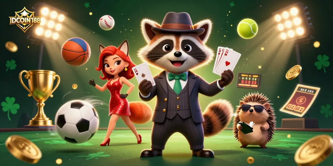 IDCOIN188 brings excitement to betting with a vibrant 3D casino scene featuring a suave raccoon, a glamorous fox, and a hedgehog bouncer.