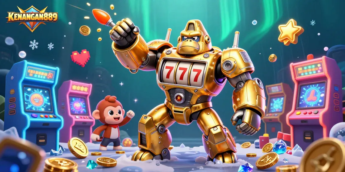 Engage with KENANGAN889's vibrant 3D illustration showcasing a golden gorilla mech with slot machine elements.
