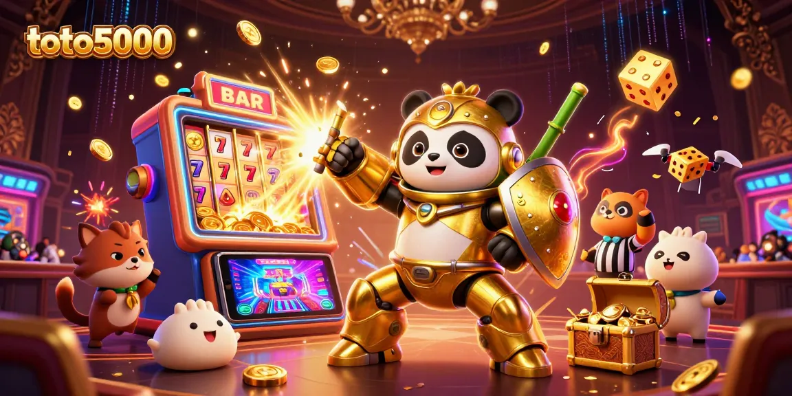 Experience the thrill of toto5000 as golden panda piloting a robot amidst colorful casino excitement.