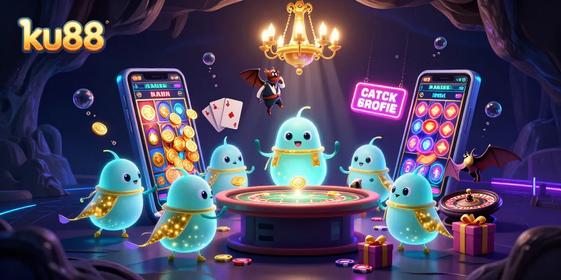 Engage with ku88’s colorful slot games in a vibrant casino scene lit by glowworms.
