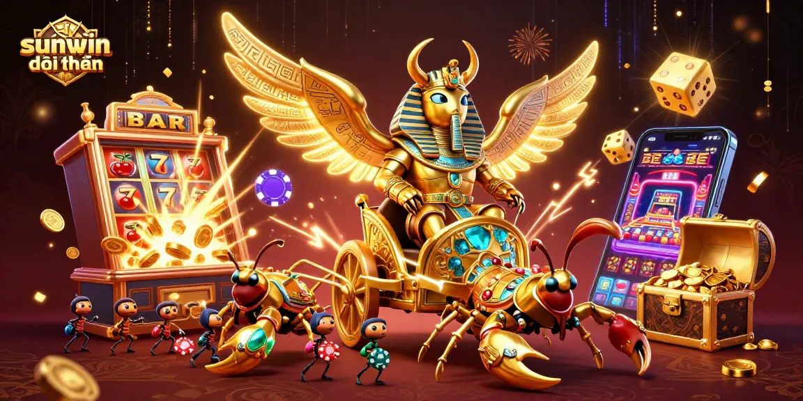 Engage with sunwin đổi thưởng through an energetic 3D illustration featuring a golden scarab beetle and casino icons.