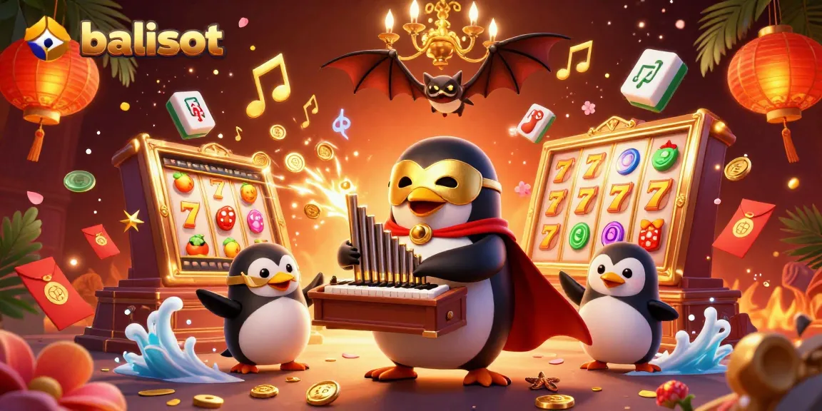 Gambarkan balislot yang menarik dengan penguin orkes phantom memainkan organ yang menyemprotkan koin emas.