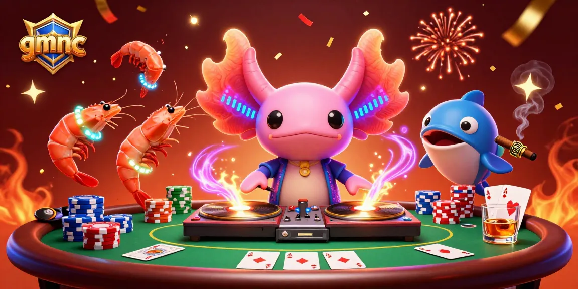 Experience thrilling casino action with gmnc as neon characters celebrate at an exciting poker table.