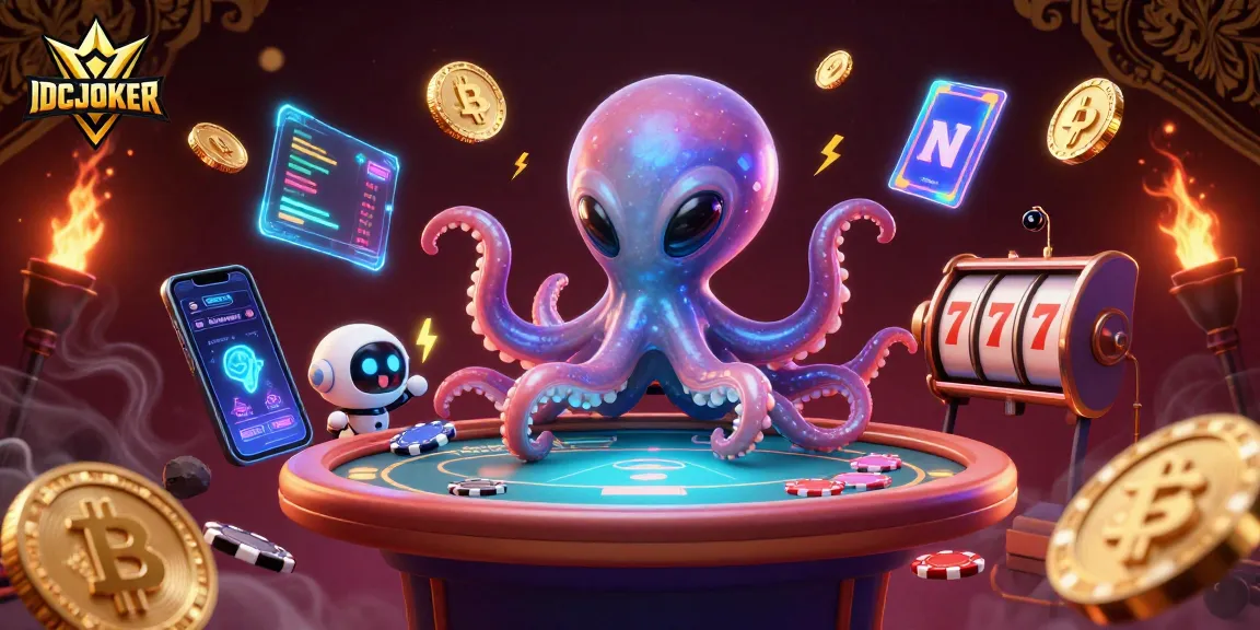 IDCJOKER features a whimsical alien octopus at a holographic poker table amidst vibrant cosmic gambling elements.