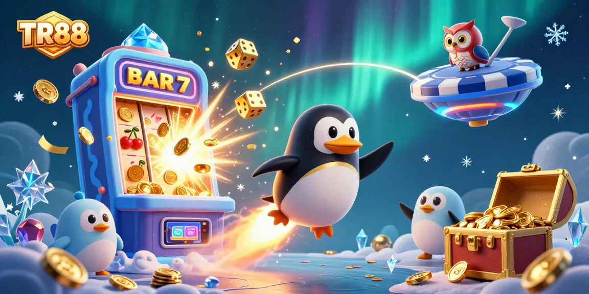 Engage with TR88 as the golden penguin soars through a vibrant casino-themed galaxy, showcasing thrilling gameplay.