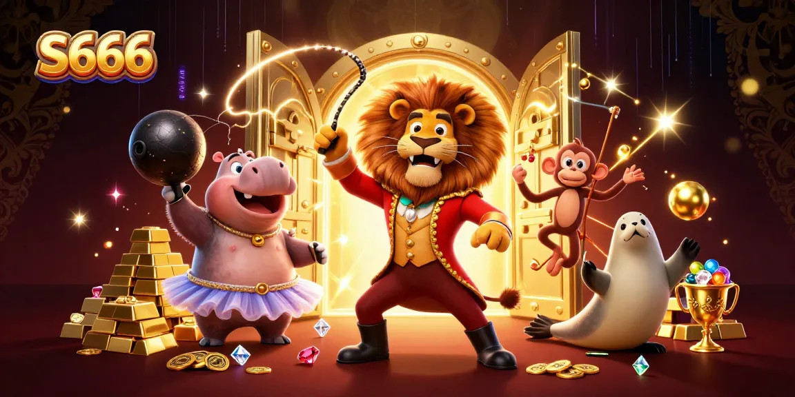 S666 attracts players with a vibrant scene featuring circus characters and golden treasures in a casino atmosphere.