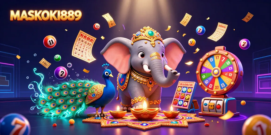 Play thrilling slots at MASKOKI889, featuring an ornate elephant and vibrant lottery elements.