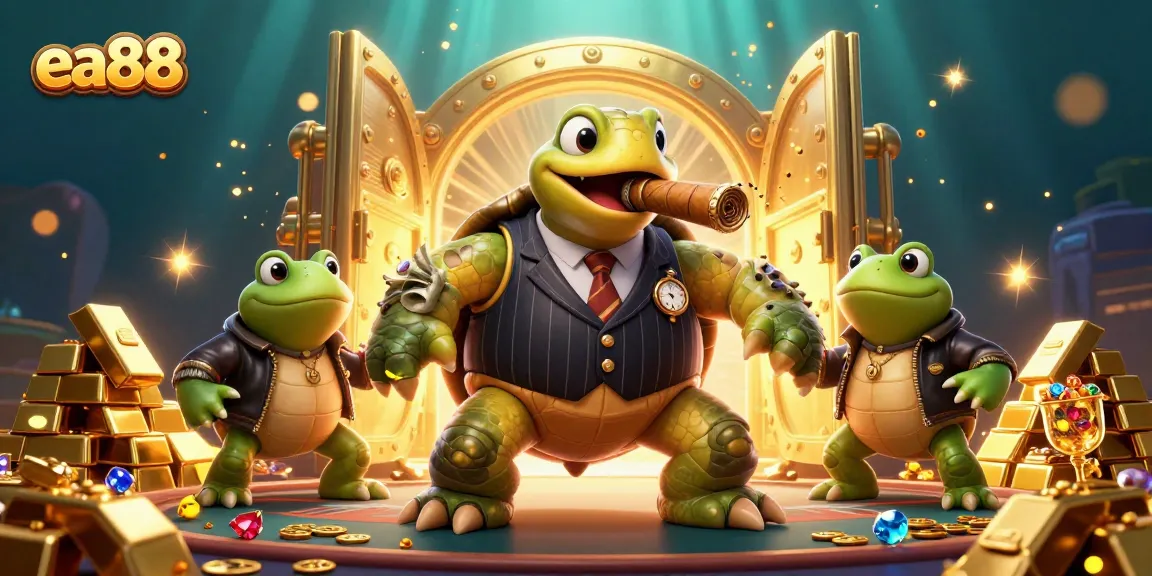 Experience the thrill of ea88 with a vibrant 3D casino scene featuring a turtle mobster and bullfrogs.