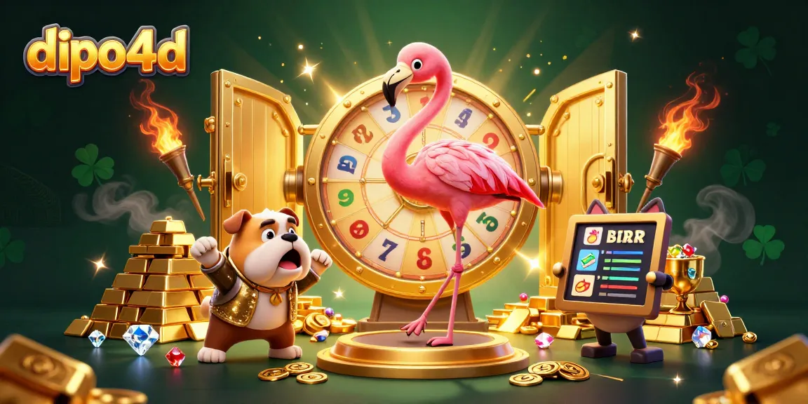 Dive into the excitement of gambling with dipo4d, featuring a game show host flamingo, contestant bulldog, and prize scoreboard cat.