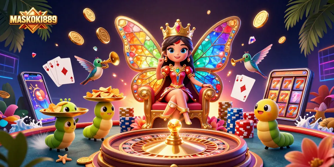 Experience the gaming thrill at MASKOKI889 with a vibrant casino scene showcasing lucky moments.