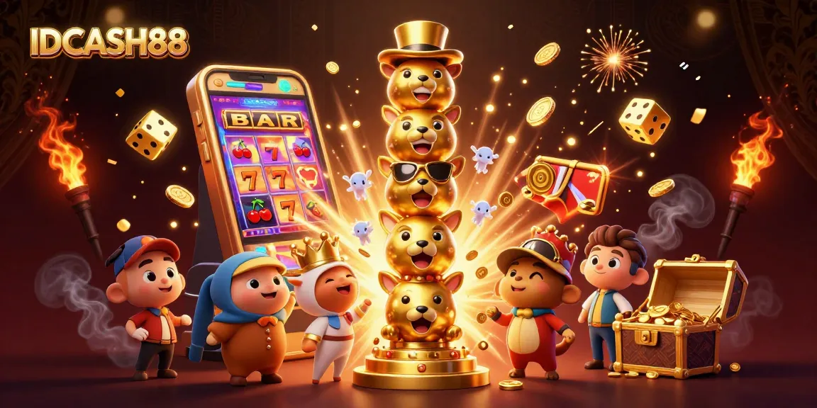 Experience exciting gameplay with IDCASH88 at a vibrant 3D casino scene featuring a golden totem pole and slot machine.
