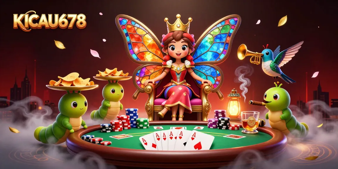 KICAU678 showcases an enchanting casino scene with a butterfly queen, poker chips, and vibrant game elements.