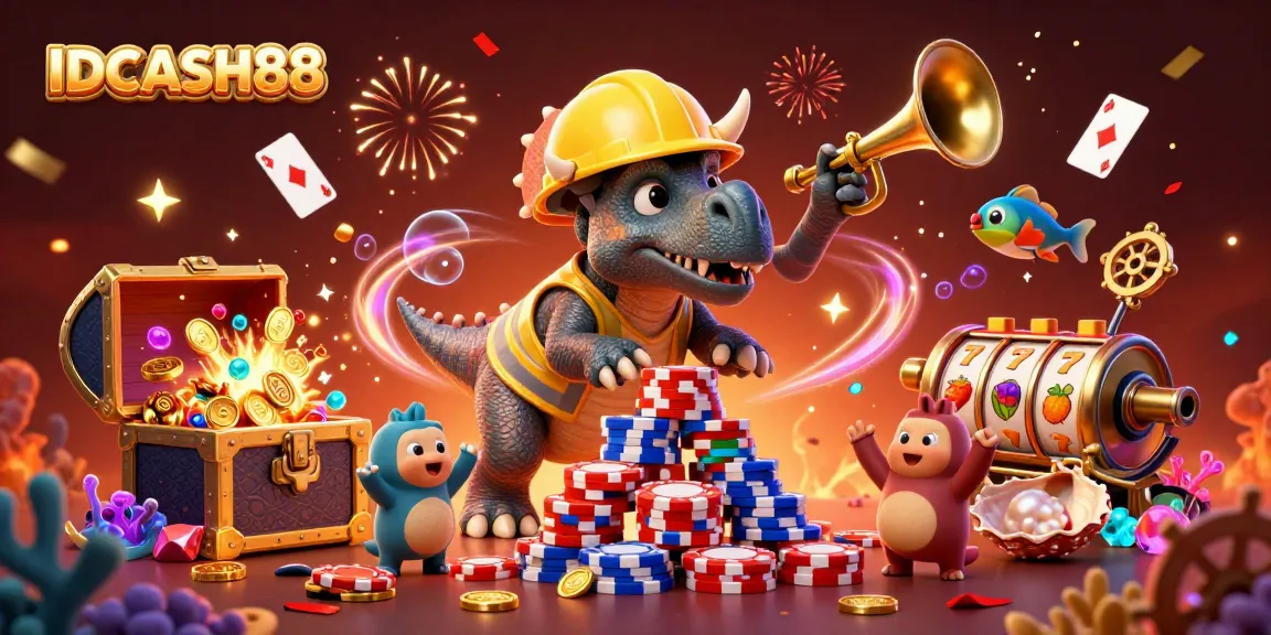 Cheerful IDCASH88 scene with a triceratops building poker chip pyramid amidst casino-themed excitement.