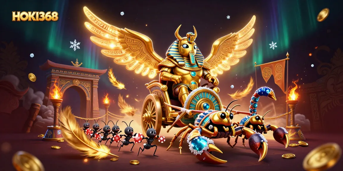 Engage with HOKI368’s thrilling casino experience, featuring a majestic beetle and scorpions in a dynamic gaming scene.