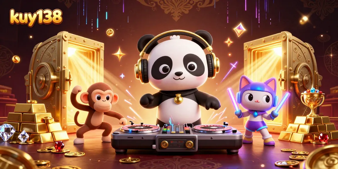Kuy138 menampilkan DJ panda, monyet breakdance, dan anak kucing dengan glow-stick di pesta kasino yang penuh harta karun.