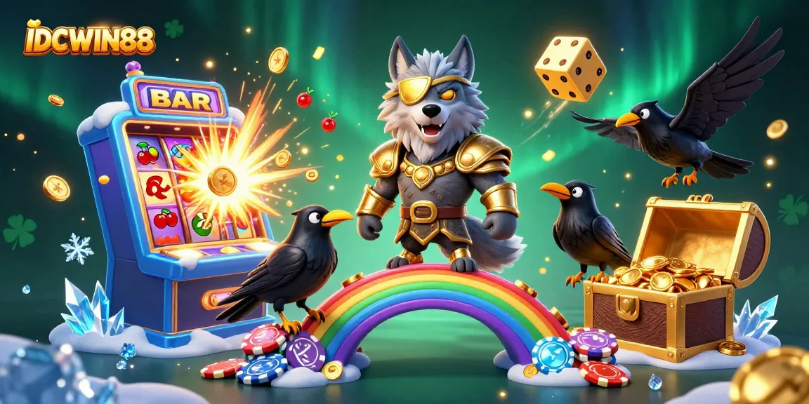 Experience jackpot excitement with IDCWIN88 in this vibrant casino scene featuring Odin and his ravens.