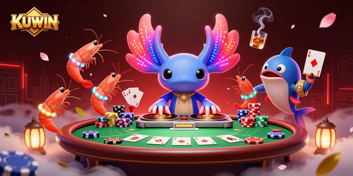 KUWIN poker scene featuring a vibrant axolotl DJ with colorful shrimp and a hype-man blowfish.