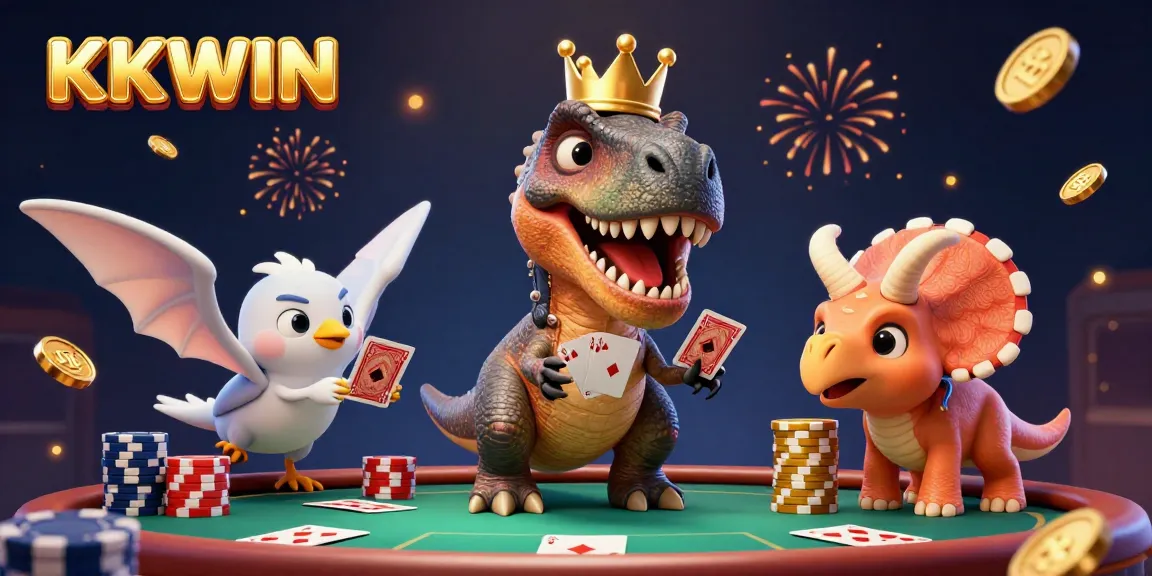 Experience thrilling action with KKWIN's vibrant 3D casino scene, featuring playful dinosaurs amidst dynamic poker elements.