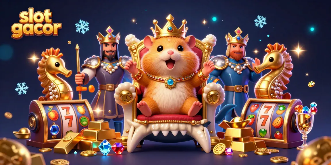 Slot gacor: Raja hamster emas berjuang dengan simbol buah dan tumpukan koin emas.