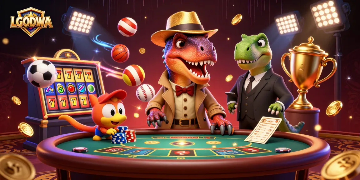 Engage with LGODEWA's thrilling slot experience as cartoon velociraptor and friends enjoy exciting gameplay.